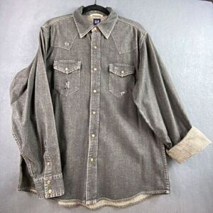 Vintage Gap Black Denim Shirt Men’s Large Pearl Snap Distressed Concert Festival